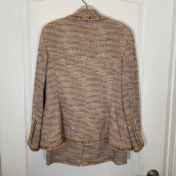 Rena Lange Tweed Skirt Suit Fringe Sequin Wool Cotton Beige Black White 10 - Picture 9 of 10